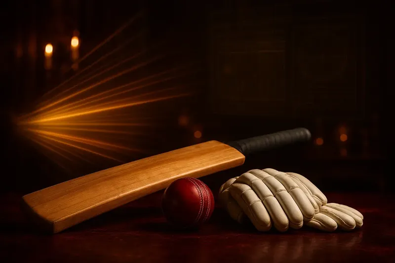 Close-up cricket equipment on dark surface with neon speed lines and holographic interface