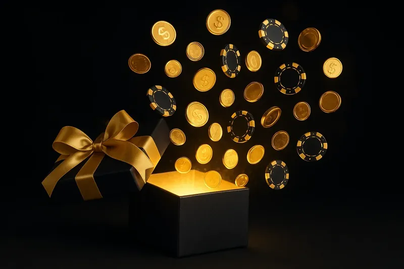 Premium gift box with gold ribbon, golden light, chips and coins