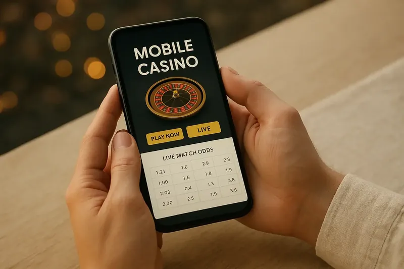 Close-up hands holding smartphone showing mobile casino interface with live match odds