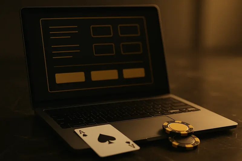 Close-up laptop on dark marble desk with chips and playing card