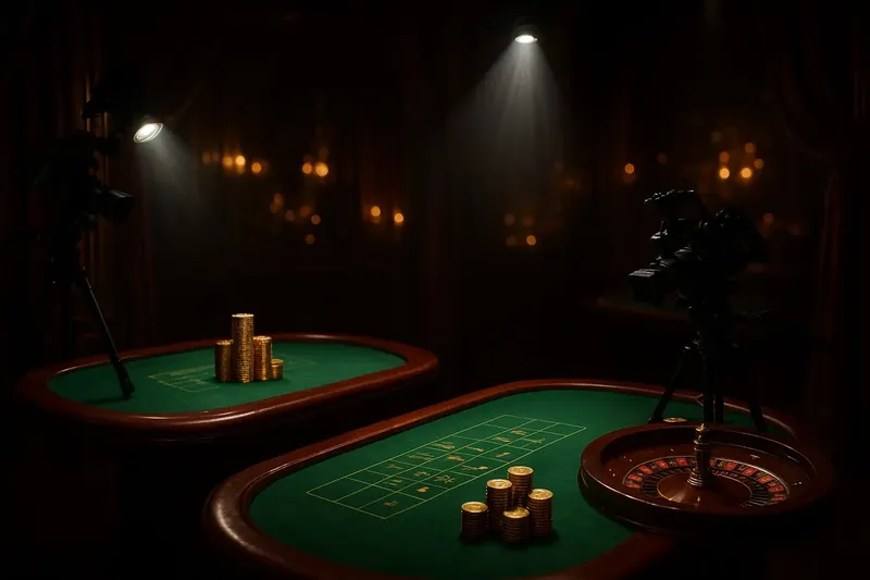 Overhead live casino studio with dealer tables, camera rigs, green felt, gold chips