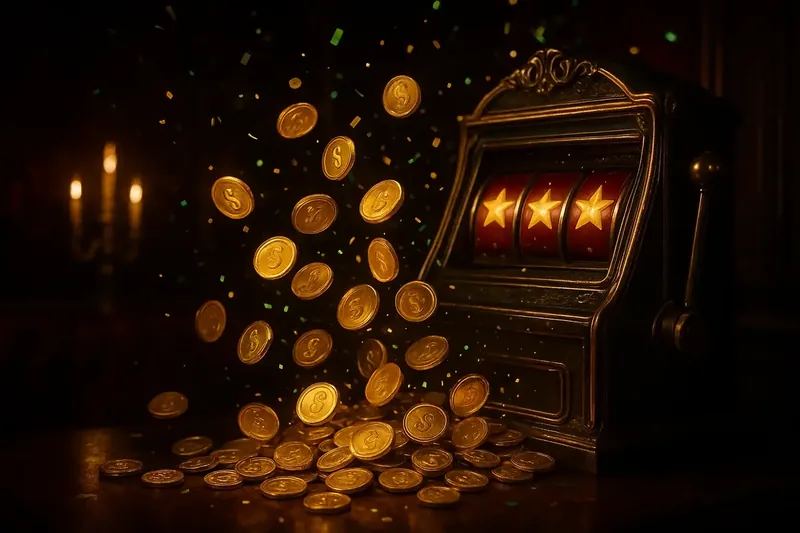 Golden coins raining from winning slot screen with stars and confetti